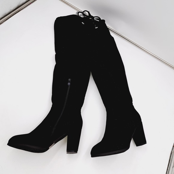 Dream Pairs Black above knee faux suede Lace Tie Back Zip Boots 8 - Picture 2 of 16